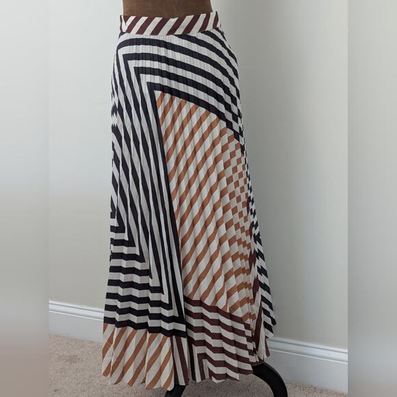 NWT Mango Italian Fabric Printed Pleated Abstract Orange Stripe Midi Skirt Sz S - Picture 3 of 8